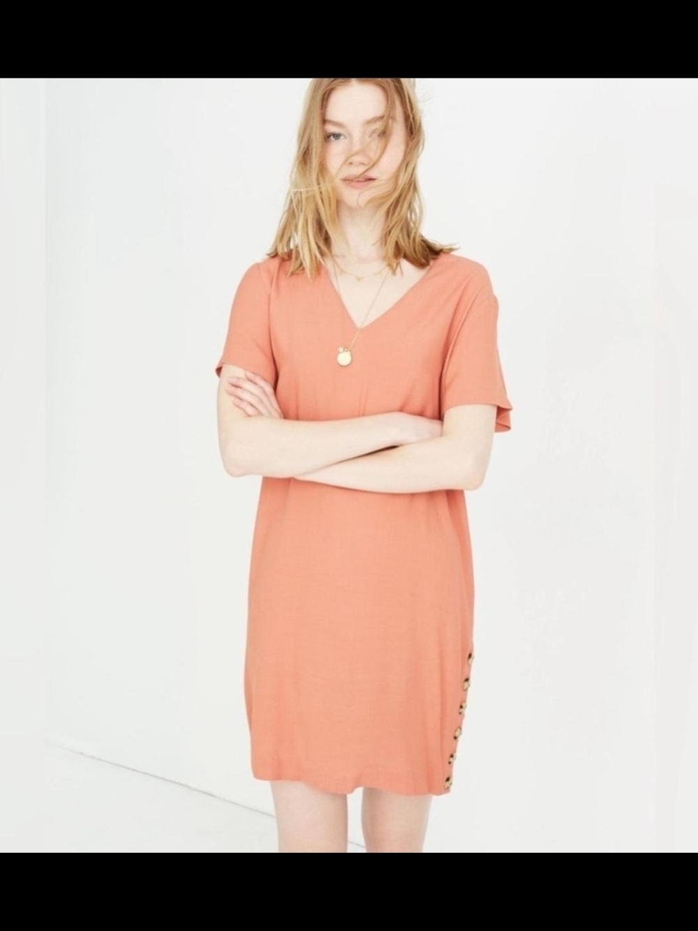 Madewell Coral Asymmetrical V-Neck Short Sleeve Dress